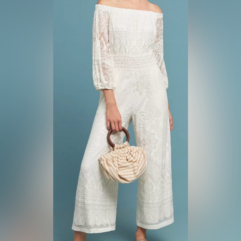 Farm Rio X Anthropologie Elliott Lace White Off the Shoulder Jumpsuit, Size Med